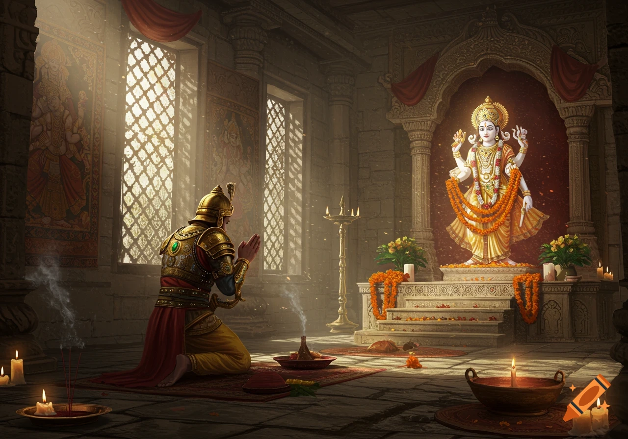 A warrior-like figure kneels in prayer before a golden multi-armed deity statue in a sunlit, ancient temple.