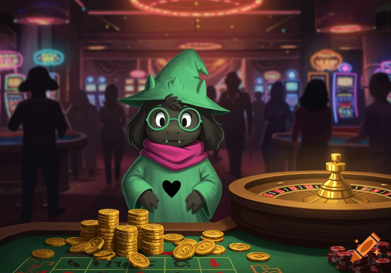 Ralsei from Deltarune stands at a casino roulette table with stacks of gold coins, in a brightly lit casino.