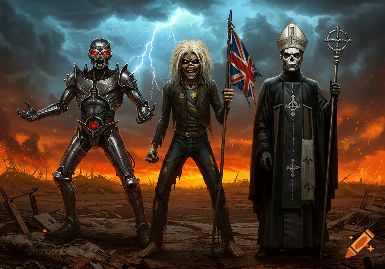 Jugulator, Iron Maiden's Eddie, and Ghost's Papa Emeritus V stand in a fiery, apocalyptic landscape under lightning.
