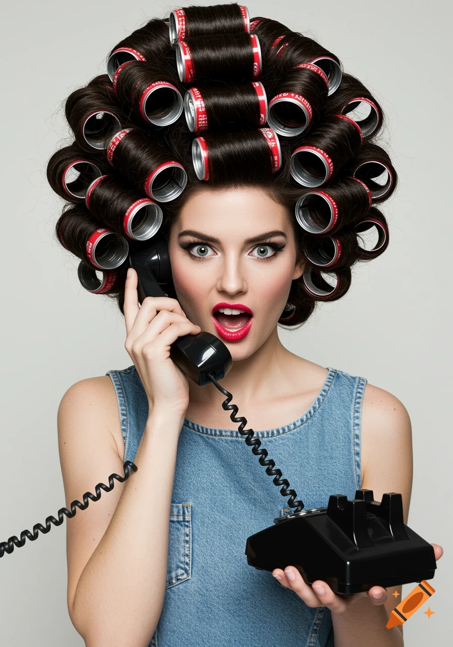 A woman with large dark hair styled with soda cans as rollers holds a vintage black telephone to her ear, looking surprised.