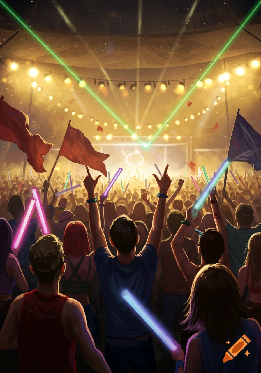 A crowd of people from behind cheering and holding glow sticks at a lively indoor concert with bright stage lights and laser beams.