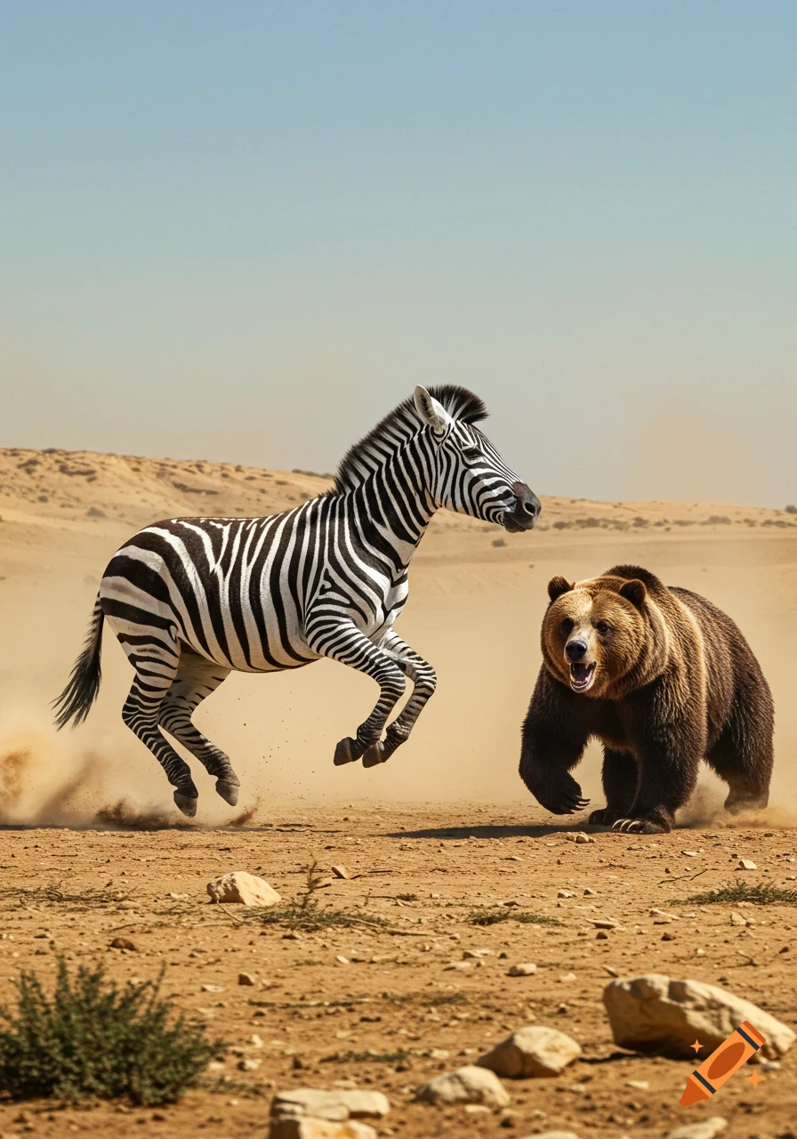 A zebra gallops through a dusty desert landscape as a brown bear lumbers nearby, both kicking up sand.