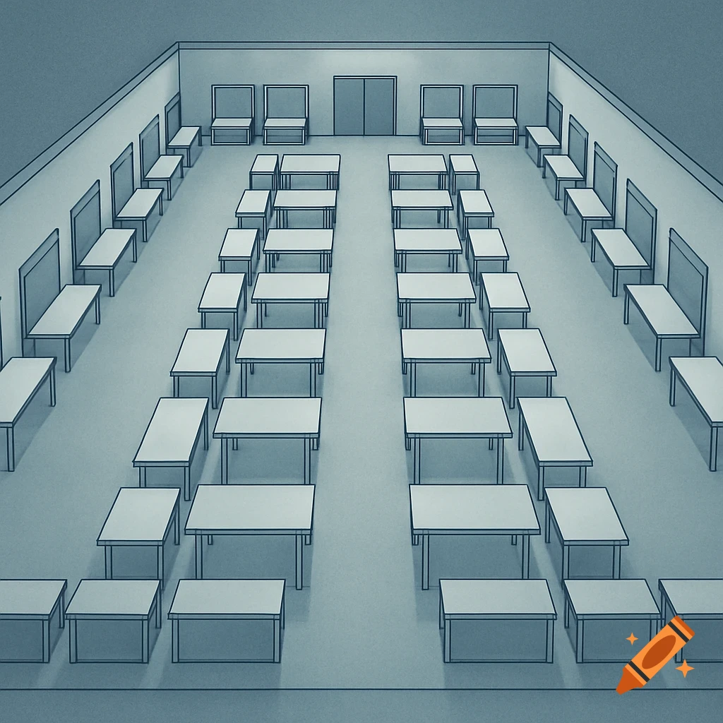 An overhead 2D illustration of a large empty hall with rows of grey tables arranged for an event or exhibition.