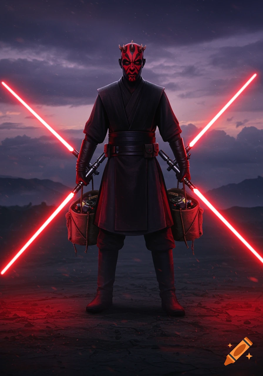 Darth Maul stands holding two red lightsabers in an X formation, with canvas bags hanging from each hilt, against a cloudy sky.