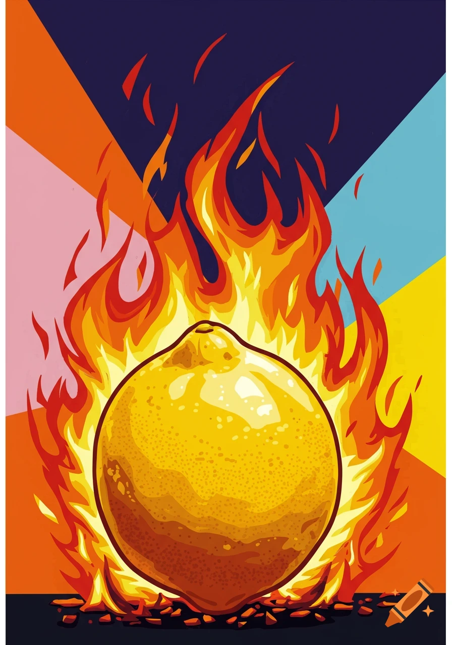 A vibrant pop art illustration of a lemon engulfed in flames, set against a colorful geometric background.