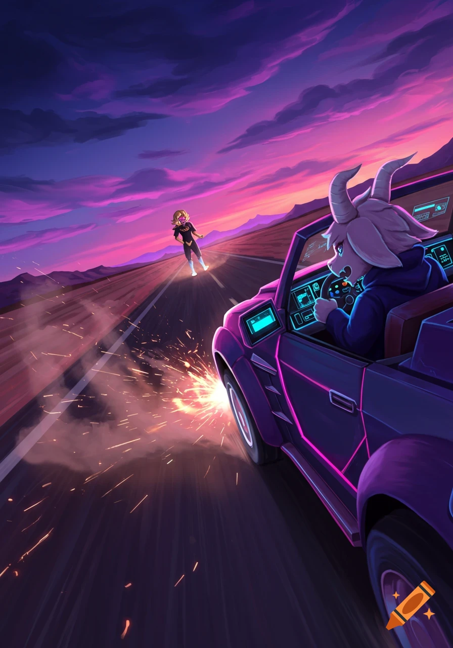 Digital illustration of a goat-like character driving a purple car towards a person on a road at sunset, with sparks flying.