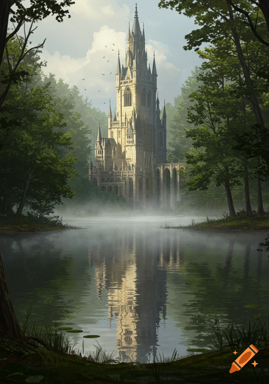Majestic, spired castle in a misty lake surrounded by dense forest, with reflections on the water, in a concept art style.