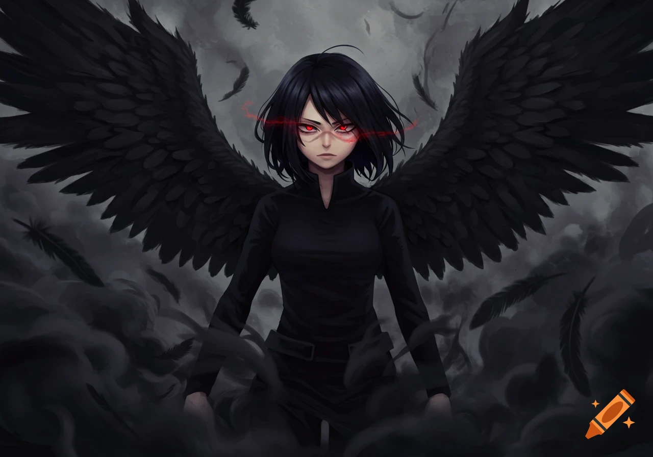 Anime-style girl with black hair, glowing red eyes, and large black wings standing in dark smoke with feathers.