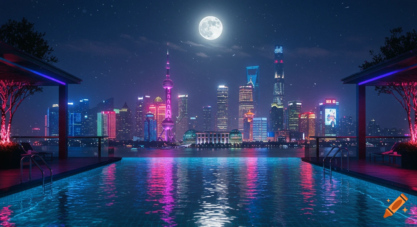 A vibrant cyberpunk city skyline at night with a full moon, viewed from an infinity pool reflecting neon lights.