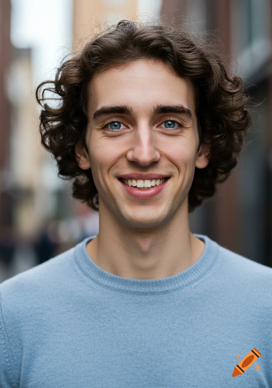 Photorealistic portrait of a smiling young man with dark curly hair and blue eyes, wearing a light blue sweater.
