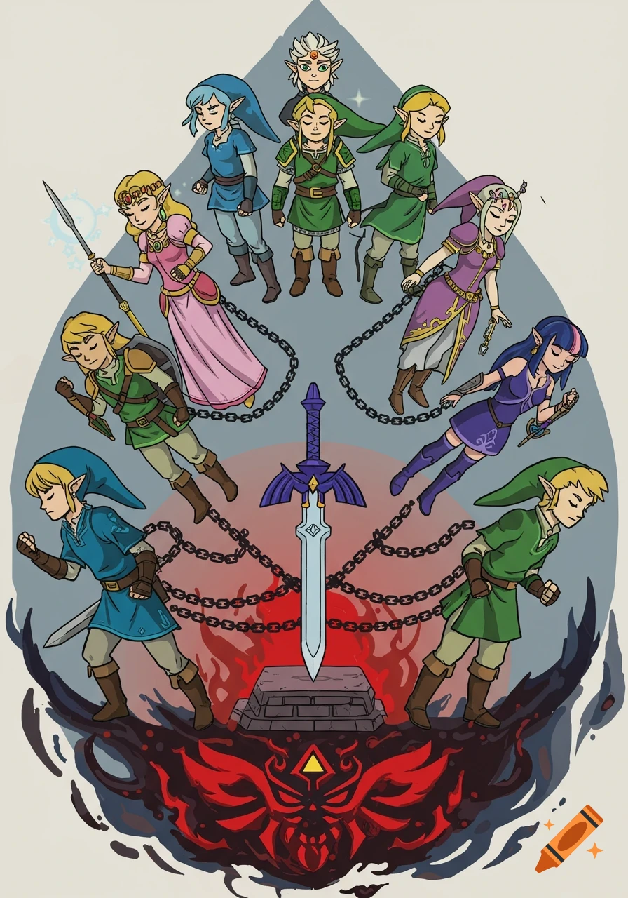 Cartoon illustration of various Link and Zelda characters surrounding the Master Sword, chained to it, with dark gloom swirling below.