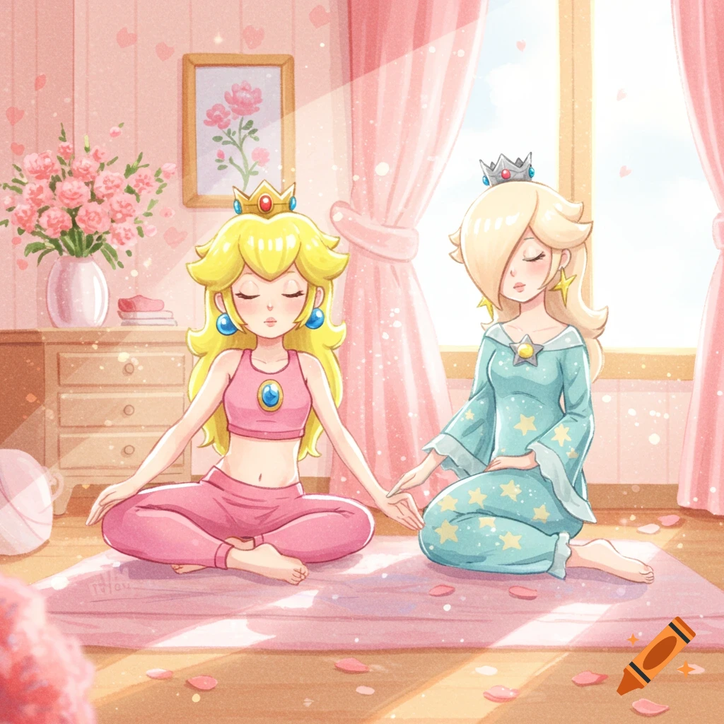 Watercolor illustration of Princess Peach and Rosalina meditating in lotus pose in a pink room.
