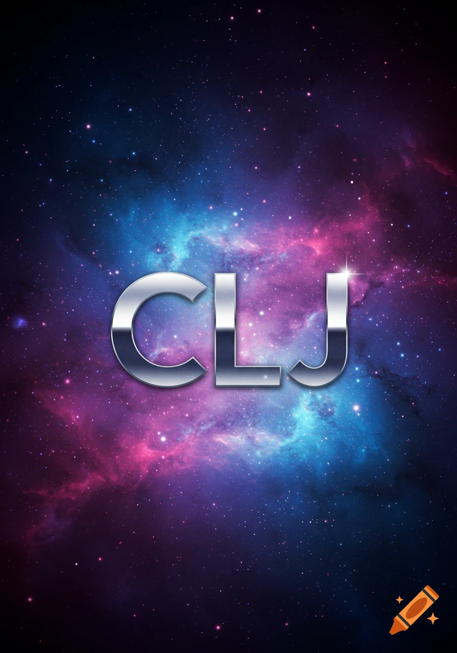 Silver metallic letters 'CLJ' centered against a vibrant cosmic nebula background with stars in shades of blue, purple, and pink.