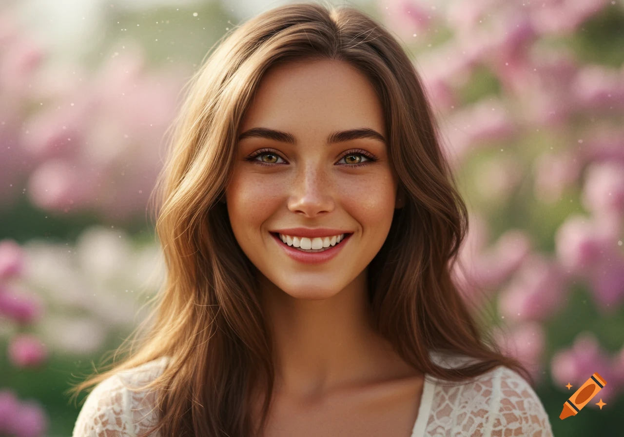 A beautiful young woman with long brown hair smiles widely, her freckled face and green eyes bright, against a soft focus background of pink flowers.