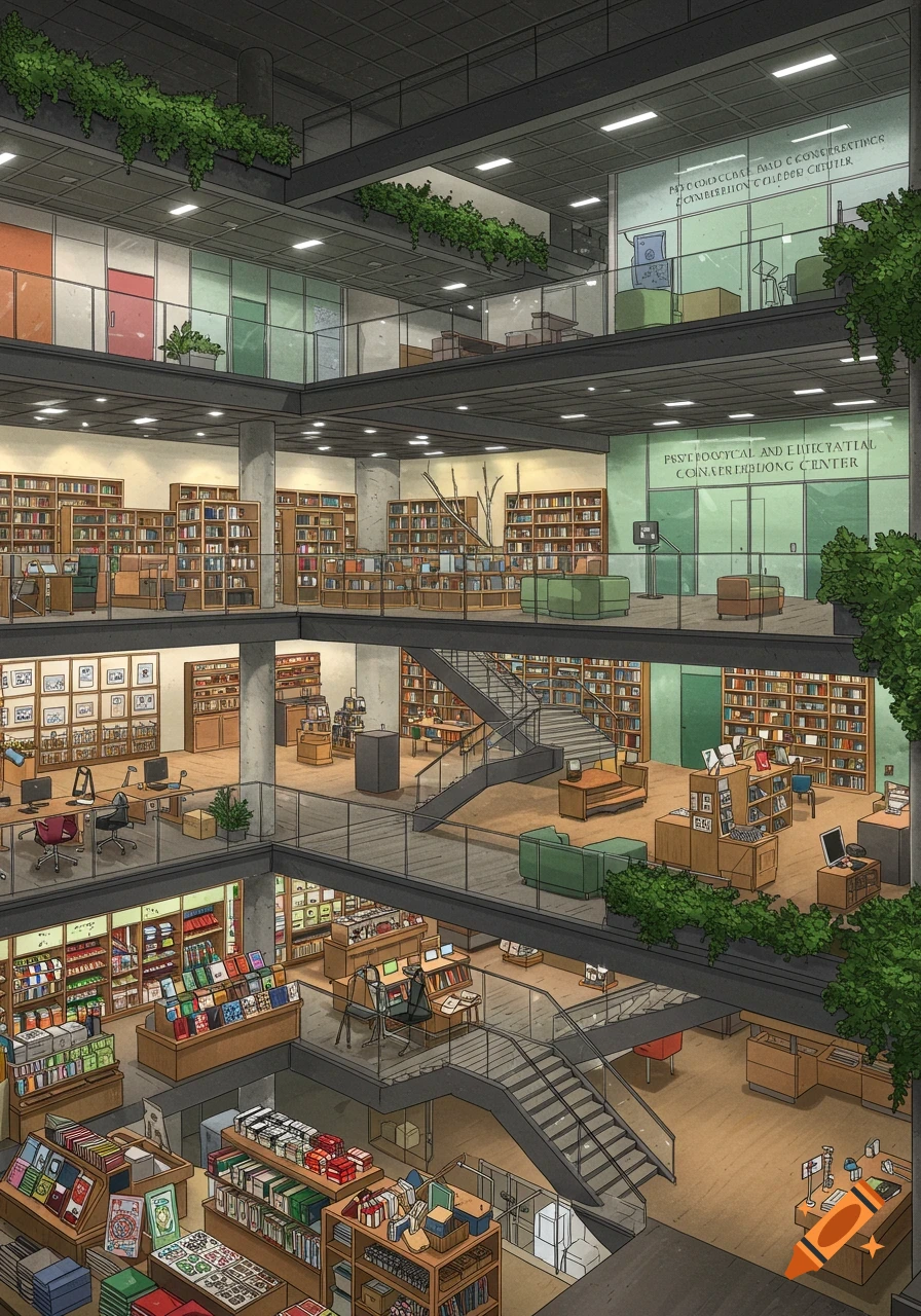 A detailed illustration of a multi-story modern building interior with library sections, study areas, a bookstore, and offices, featuring many bookshelves and stairs.