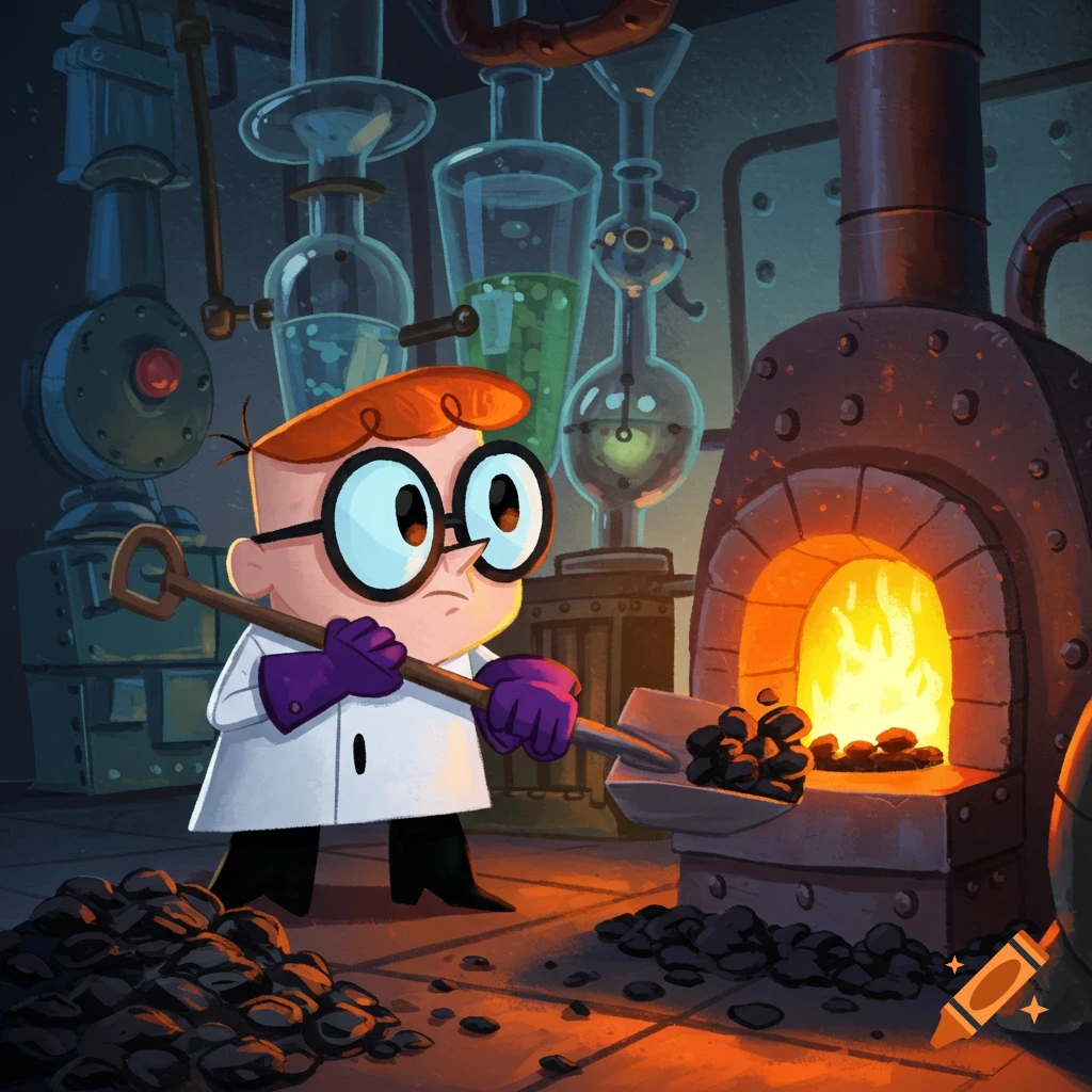 Dexter from Dexter's Laboratory, wearing a lab coat and gloves, shovels coal into a fiery furnace in his laboratory.