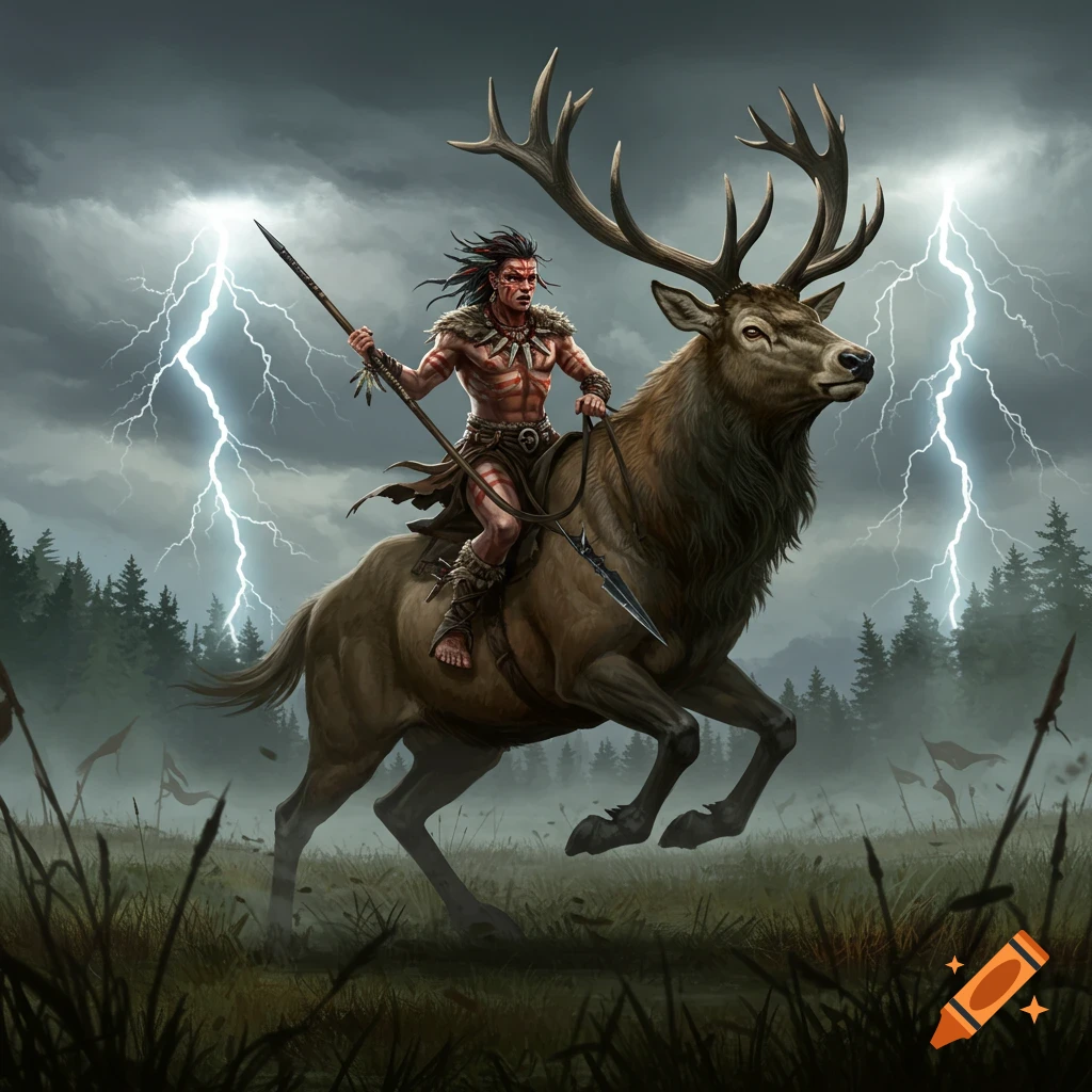 A warrior with a painted face and fur clothing rides an elk through a stormy, lightning-filled landscape.