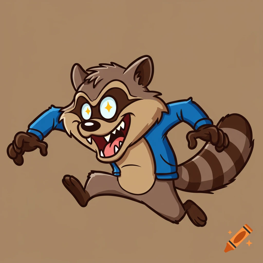 A dynamic cartoon raccoon in a blue shirt, running with an exaggerated, wild grin and starry eyes on a plain background.