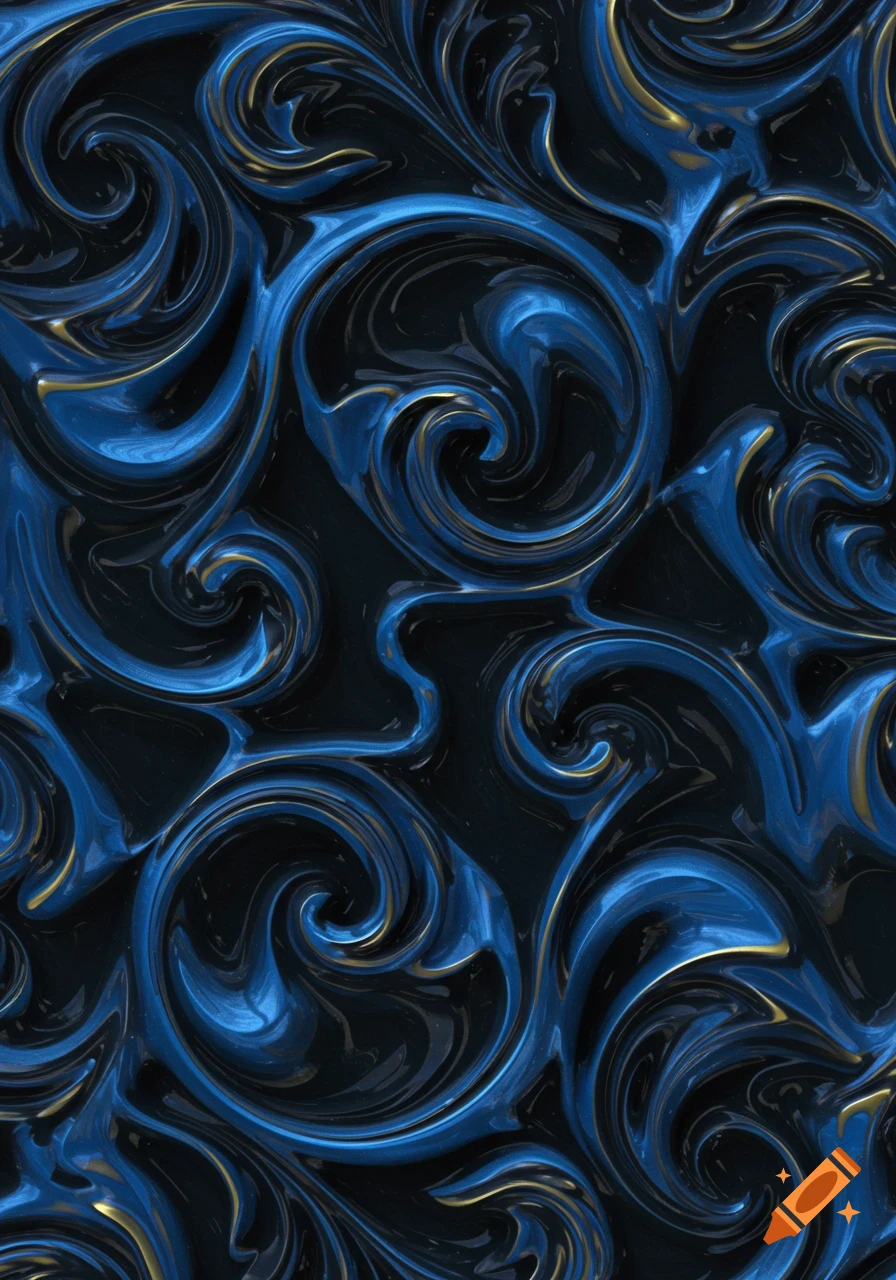 A vibrant abstract pattern of swirling glossy blue and black shapes with subtle golden accents.