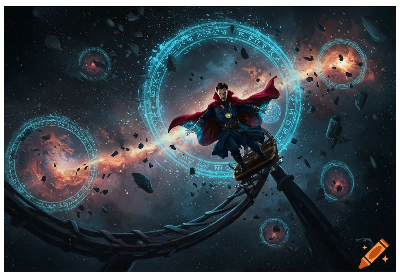 Doctor Strange on a rollercoaster track in space, surrounded by glowing blue magical rings and floating debris against a cosmic background.