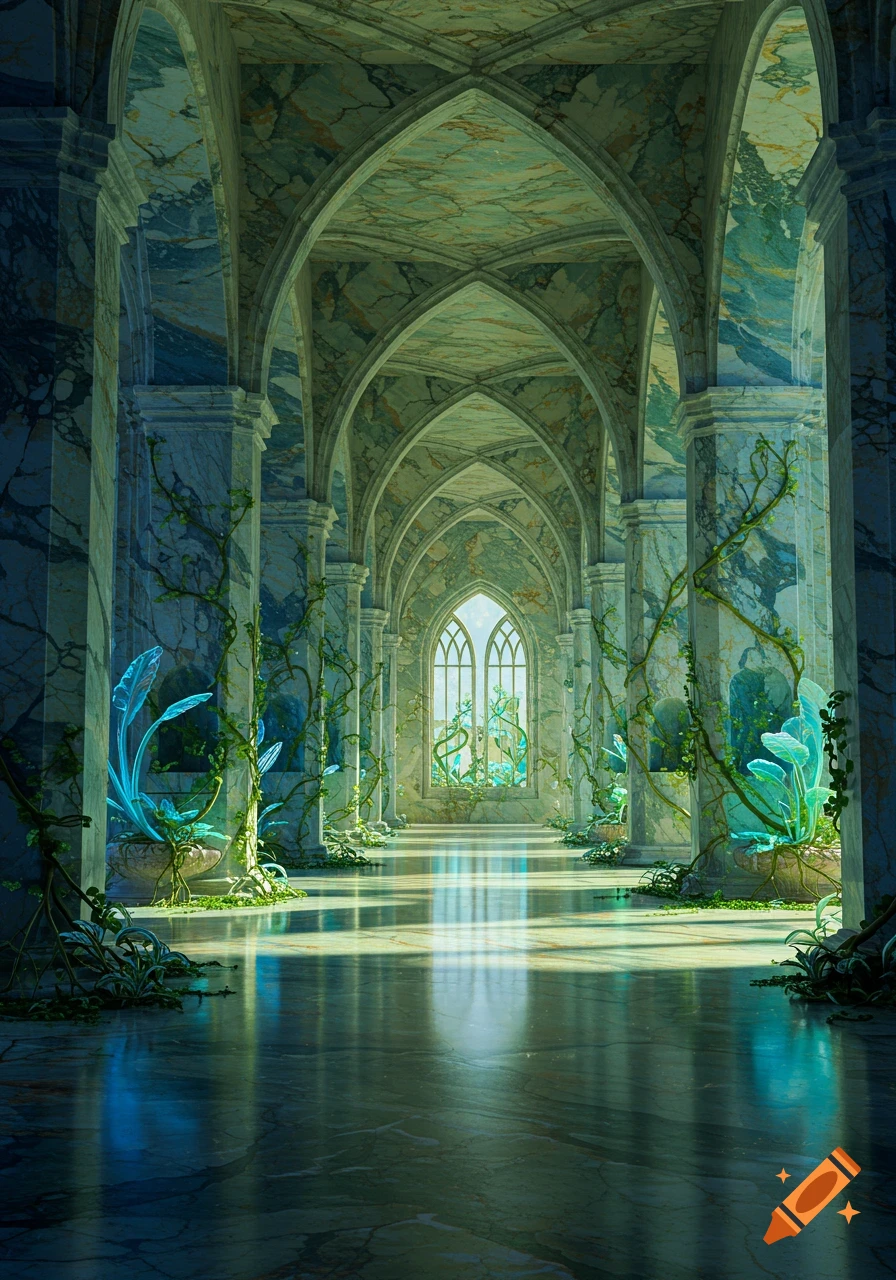 A grand, high-ceilinged hall crafted from multicolored marble, with glowing blue and green alien-like plants growing along its pillars and walls.
