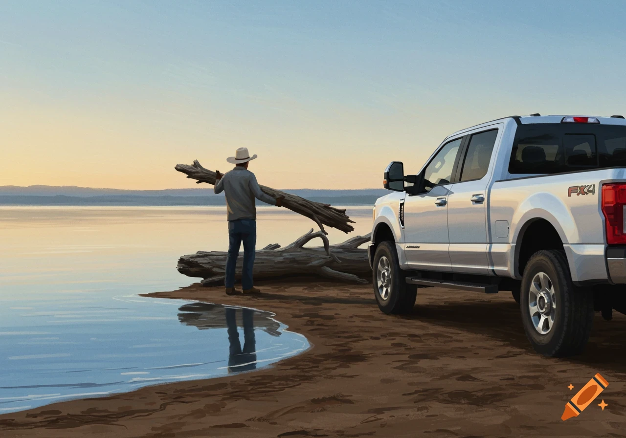 A man in a cowboy hat stands by a lake, loading a driftwood log into the bed of a white Ford F-350 pickup truck on a dirt shore at sunset.