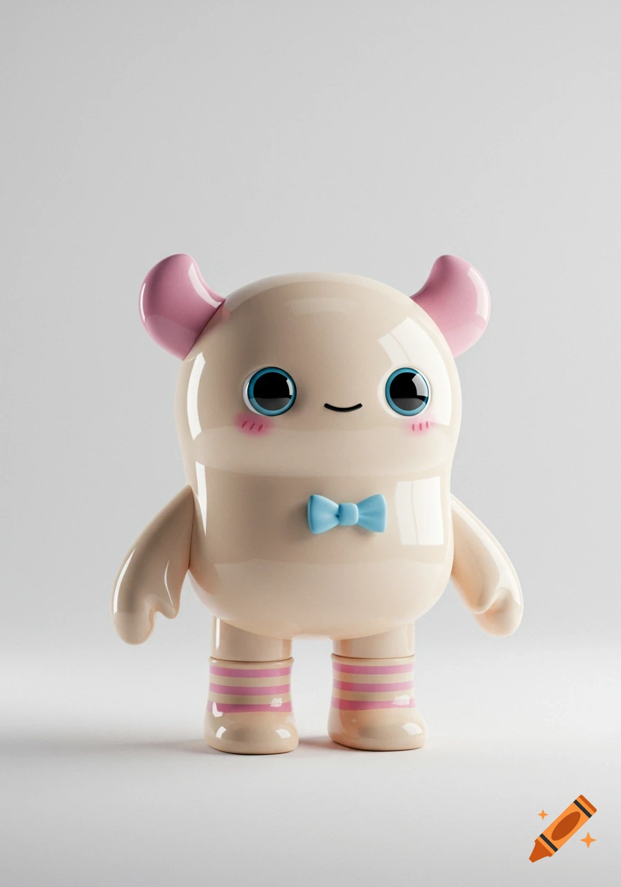 A cute, shiny, cream-colored monster toy with pink horns, blue eyes, a black smile, and a blue bow tie, on a white background.