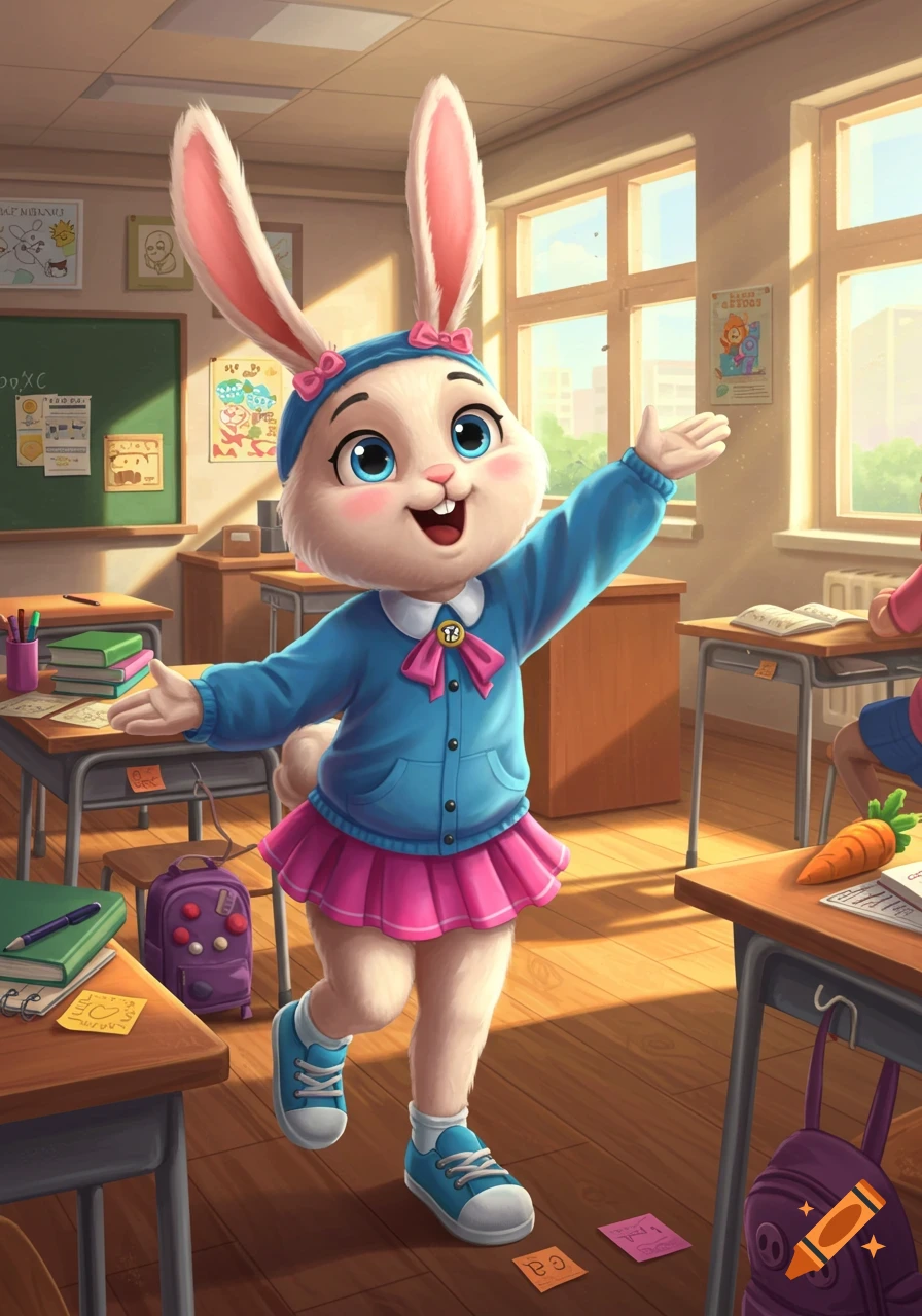 A cheerful anthropomorphic rabbit in a blue and pink school uniform stands in a classroom with arms outstretched, smiling.
