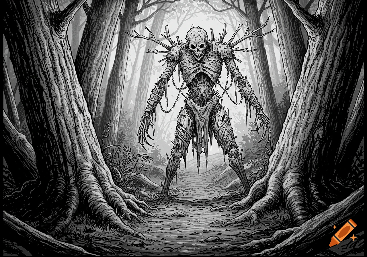 A skeletal, grotesque creature made of twigs and bones stands menacingly in a dark, misty forest, rendered in black and white line art.