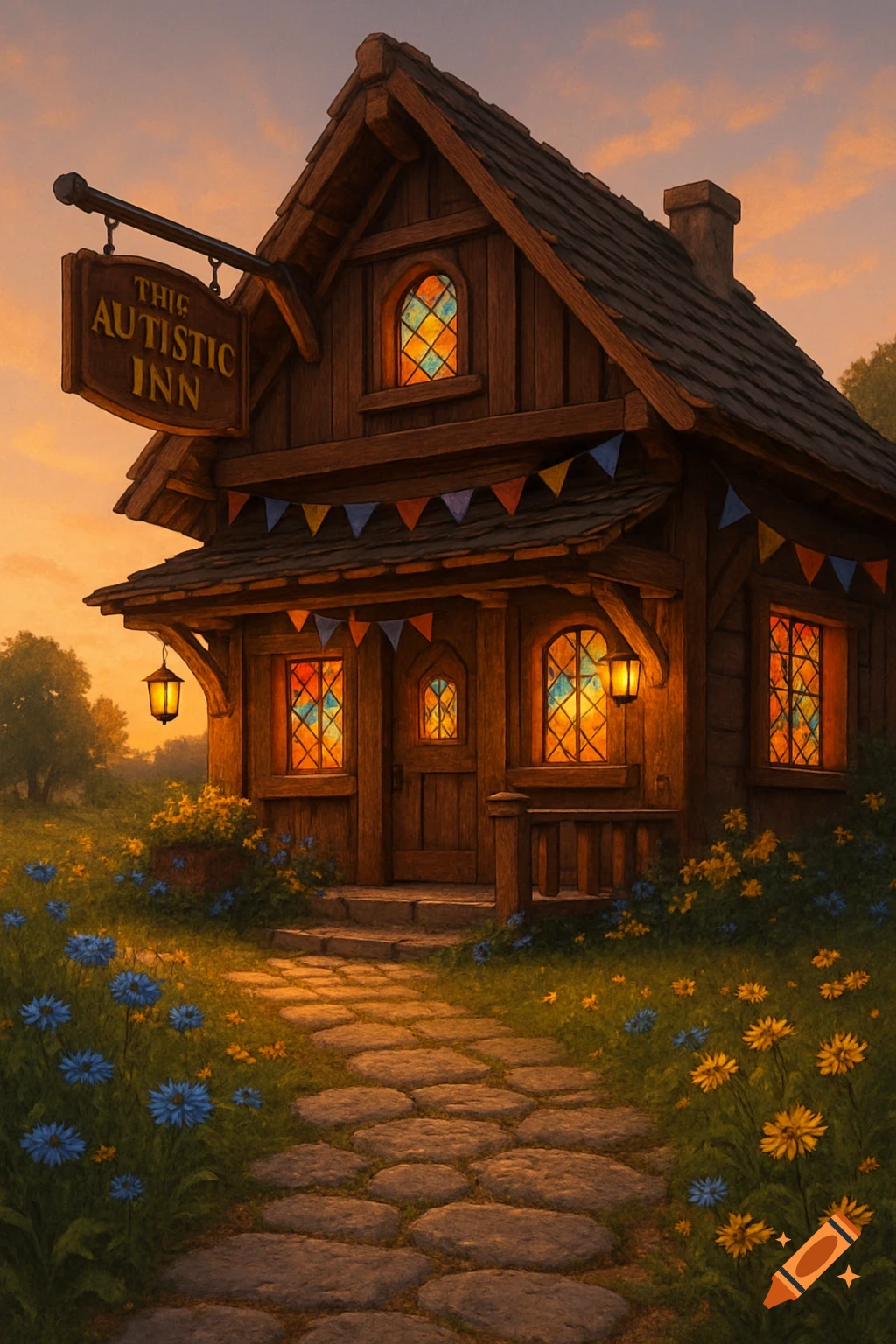 A rustic wooden inn with stained-glass windows stands in a field of wildflowers under a sunset sky, with a sign reading "THIS AUTISTIC INN."