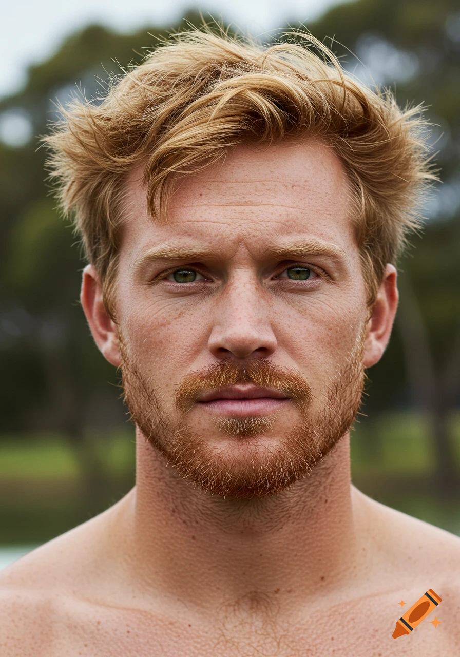 A close-up portrait of a man with shaggy strawberry blond hair, green eyes, and a neat ginger beard, with a natural outdoor background.