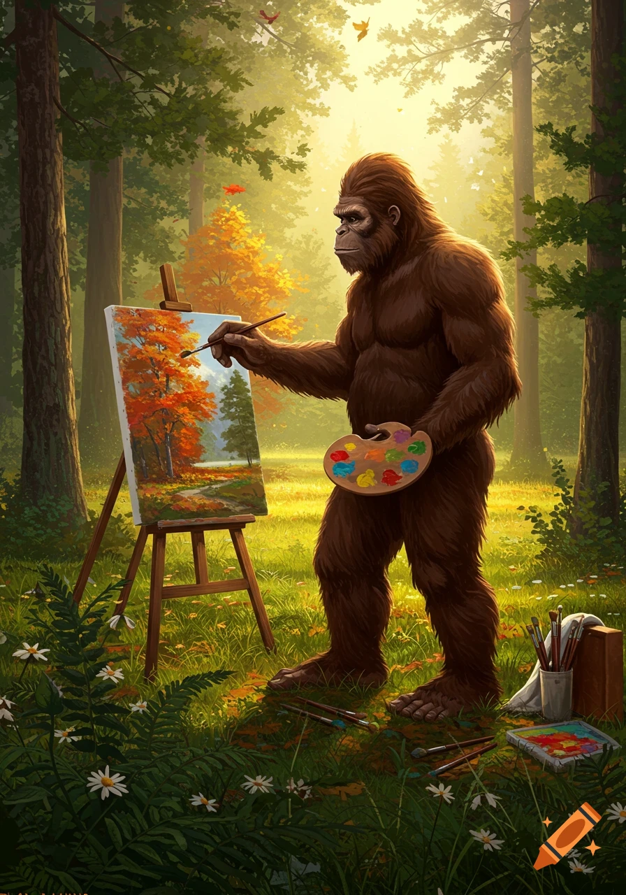 A hairy Bigfoot stands in a sunlit forest, painting a landscape on an easel.