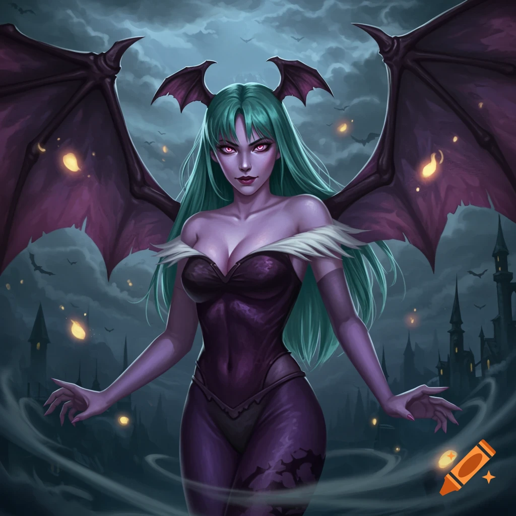 A digital art portrait of Morrigan Aensland, a purple-skinned demon with green hair and large bat wings, against a dark, stormy sky with distant castles.