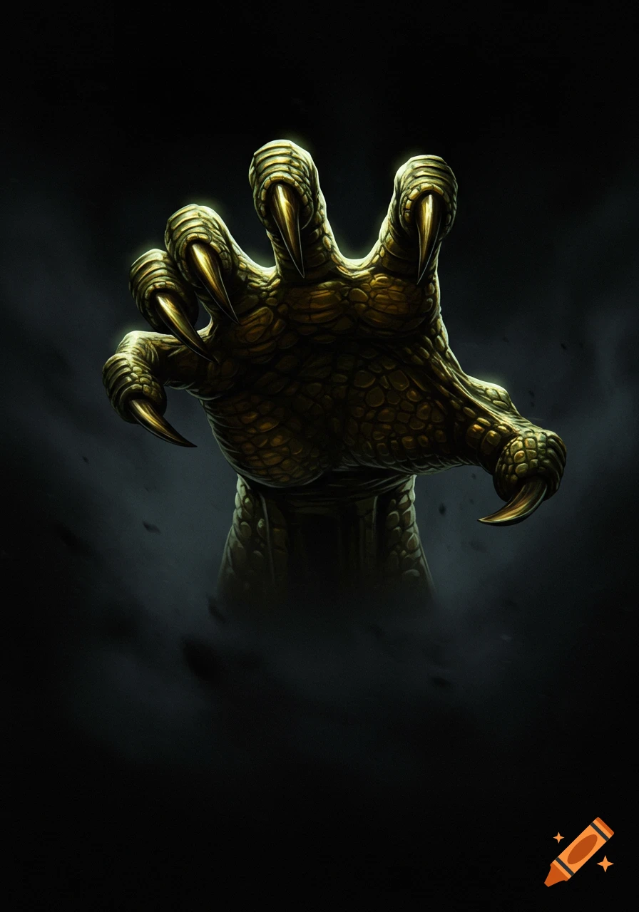 A close-up of a scaly, golden-green dragon or reptilian hand with sharp claws, reaching out from a dark, misty background in a digital art style.
