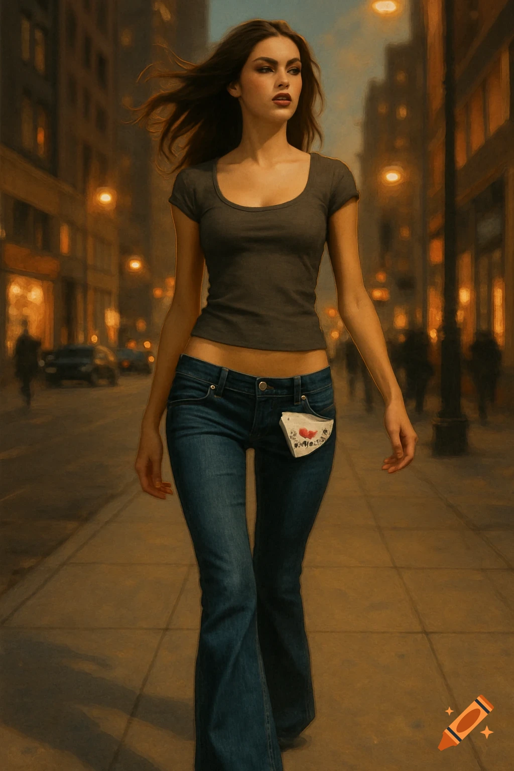 A photorealistic image of a woman with long brown hair, wearing a gray t-shirt and low-rise flared jeans, walking on a city street at dusk.