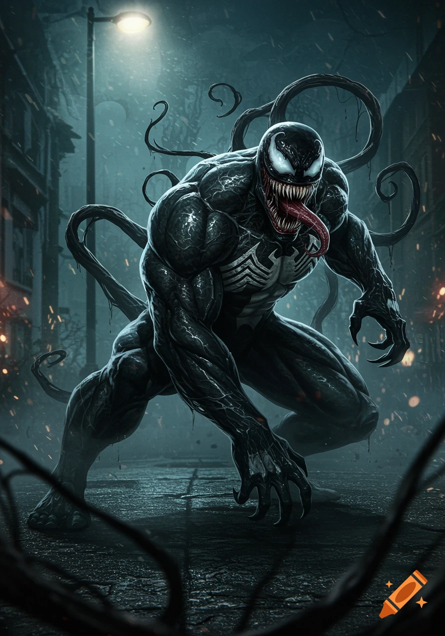 A detailed comic book illustration of Venom crouching on a dark, rainy city street, illuminated by a streetlamp.