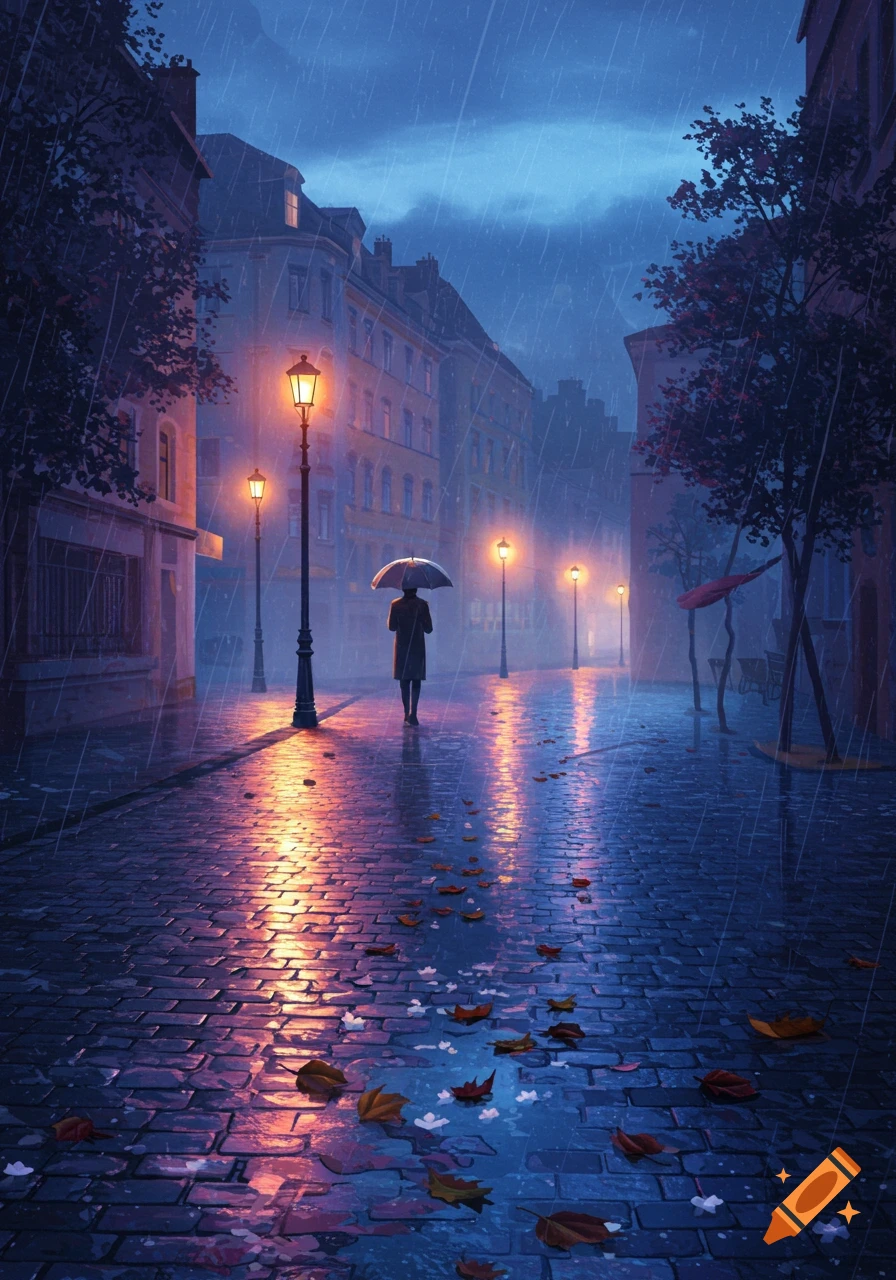 A person with an umbrella walks on a wet cobblestone street in the rain at night, illuminated by glowing streetlights, in a digital art style.
