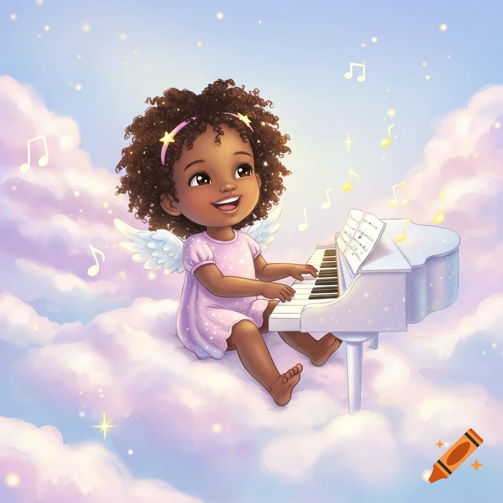 A cute cartoon black girl with wings plays a white piano on a cloud, surrounded by musical notes and sparkles, in a pastel style.