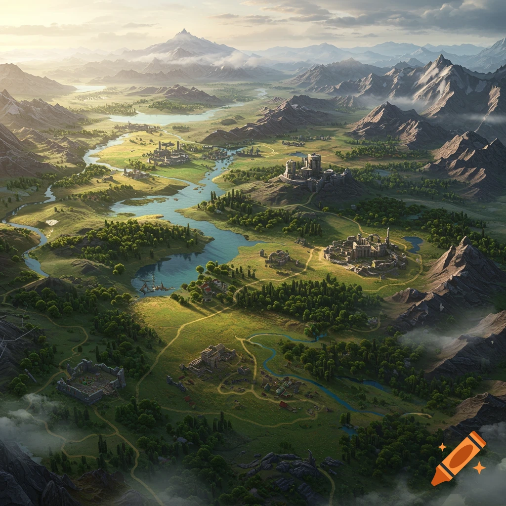An expansive, detailed overhead view of a fantasy game map featuring a winding river, green valleys, mountains, forests, and multiple castles and settlements under a bright sky.