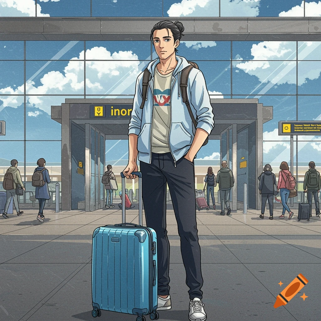 Anime-style drawing of a young man with dark hair in a bun, wearing a hoodie and backpack, standing outside an airport with a blue suitcase.