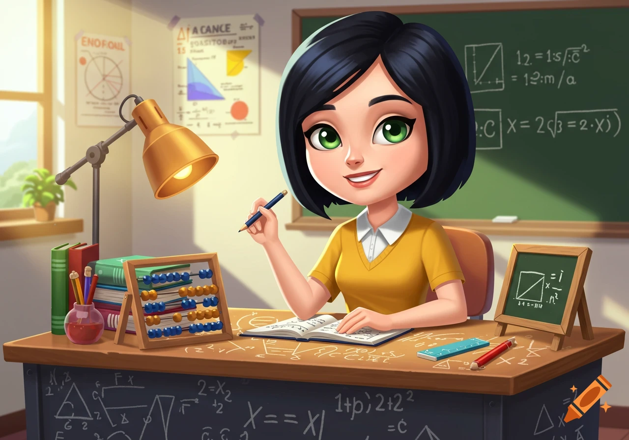Cartoon math teacher with dark hair and green eyes sits at a desk filled with school supplies, smiling.