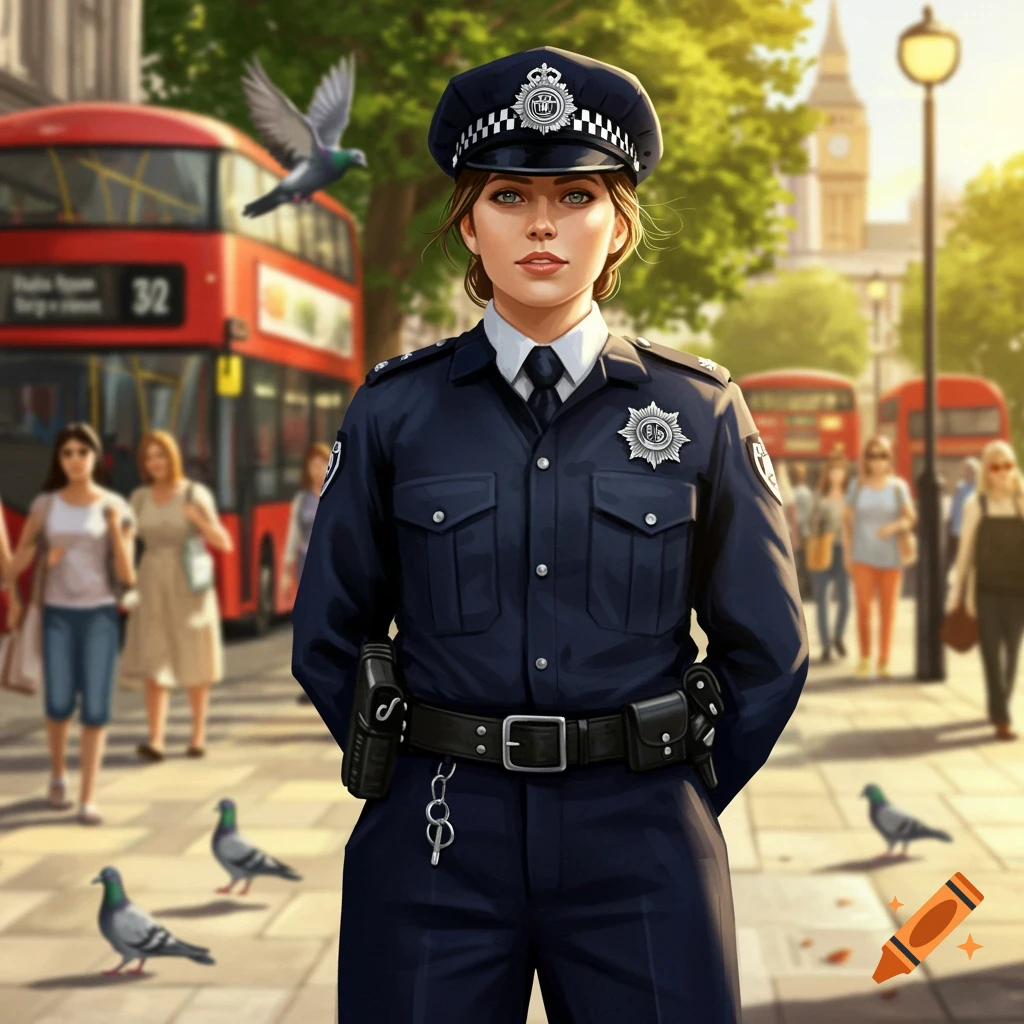 A policewoman in a dark blue uniform stands in the middle of a busy London street, with a red double-decker bus and people in the background.