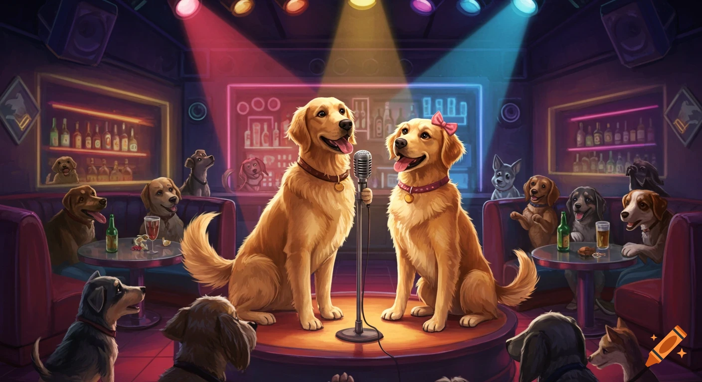 Two golden retrievers sing karaoke on a stage in a professional bar, with an audience of various dog breeds watching.