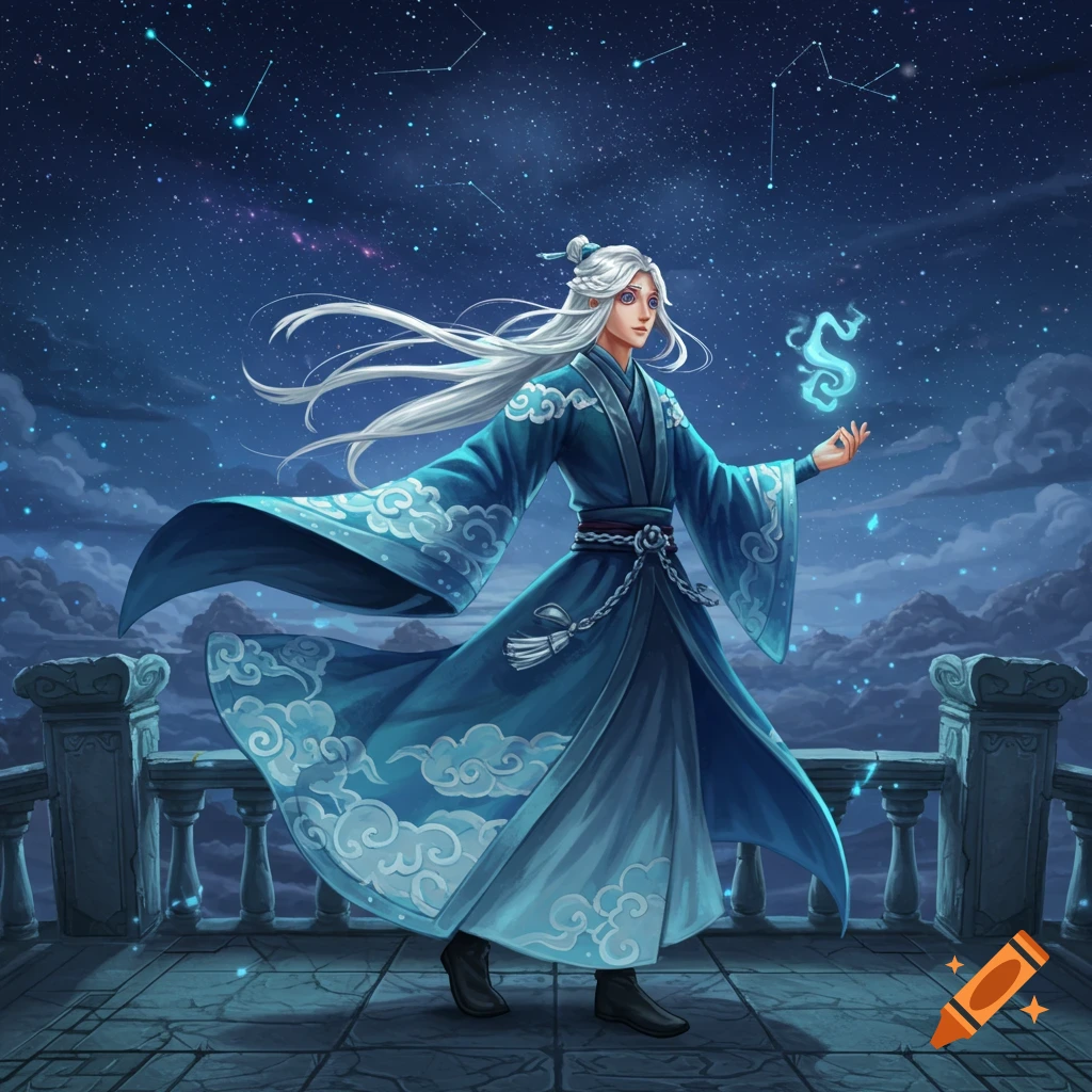 A white-haired character in a blue robe holds glowing energy on a balcony under a starry night sky, digital illustration.