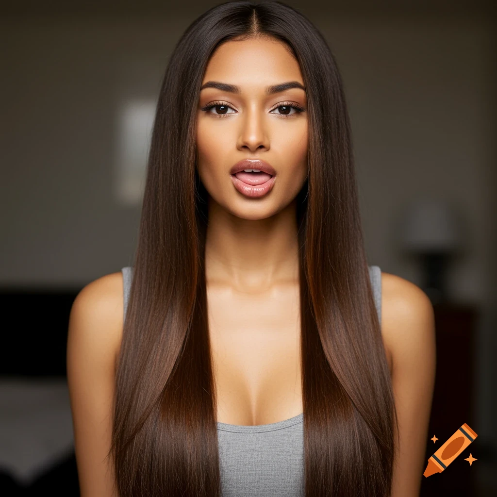 A woman with long, sleek brown hair, wearing a gray tank top, sticking her tongue out slightly.