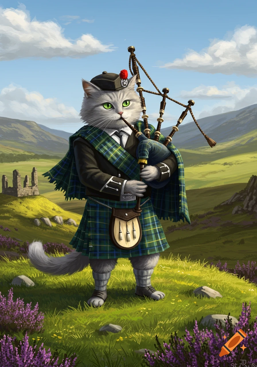A gray cat in a traditional Scottish kilt and uniform plays the bagpipes in a lush green highland landscape with castle ruins.