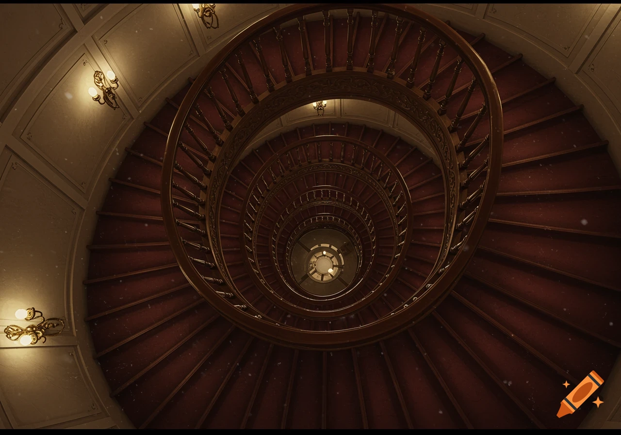 A photorealistic view looking down a grand spiral staircase with red carpet and ornate wooden railings, illuminated by wall sconces.