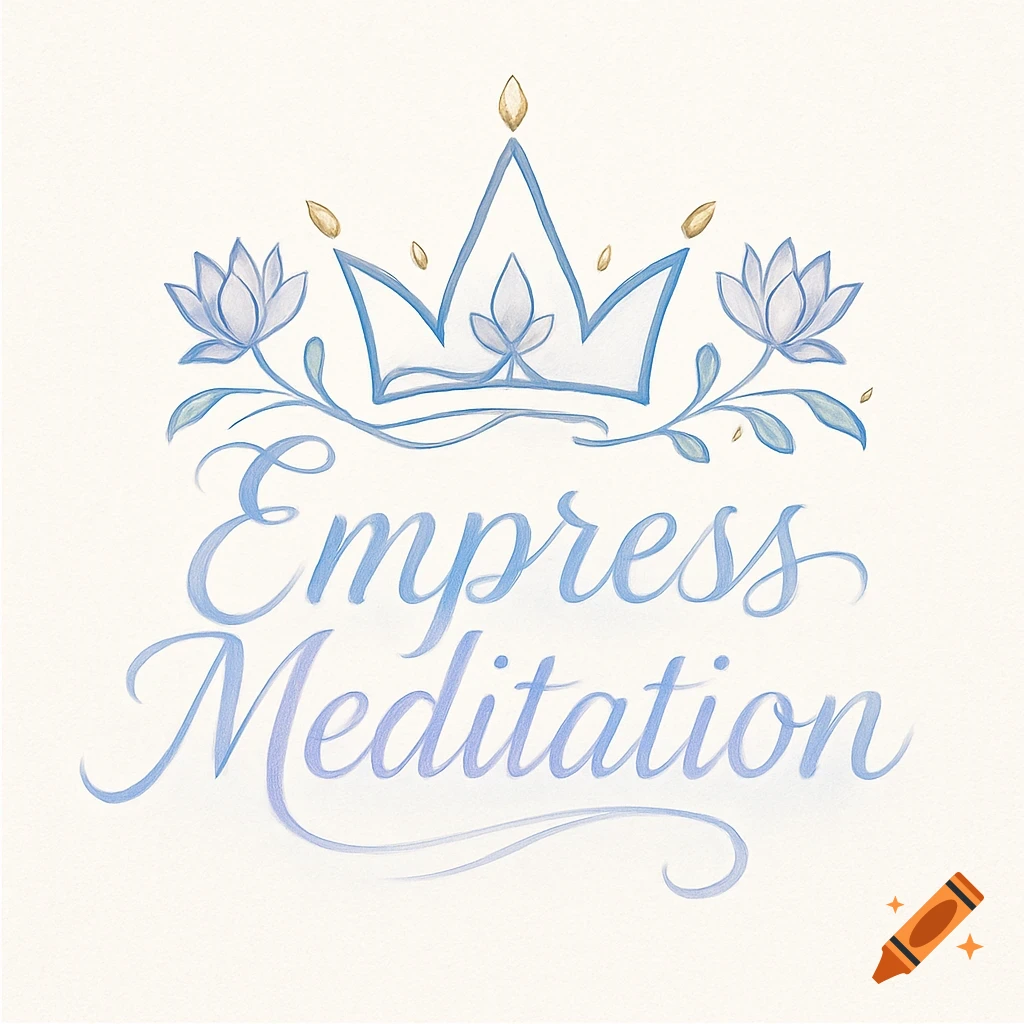 A watercolor logo featuring a blue crown, lotus flowers, and the text 'Empress Meditation'.