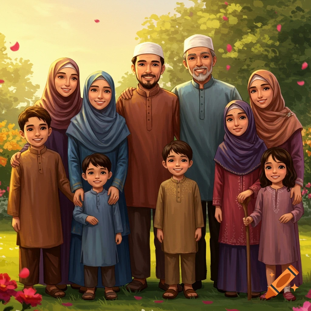A large, smiling Muslim family including adults, children, and an elder, standing together outdoors in a lush, green garden. Illustrated style.