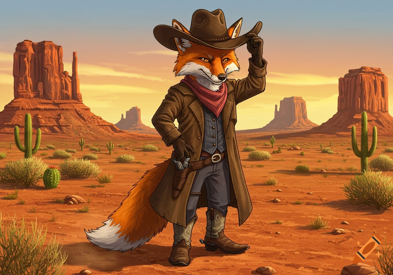 A cartoon fox dressed as a cowboy stands in a desert landscape with mesas and cacti, tipping his hat.